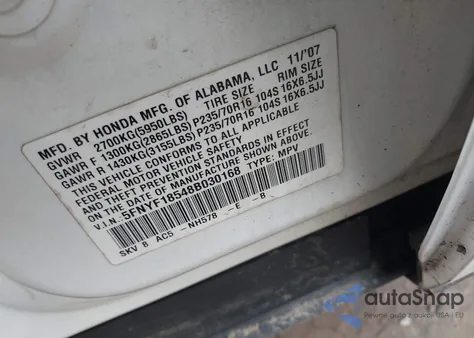 2008 Honda Pilot Ex-L из США, поврежденный, VIN 5FNYF18548B030168